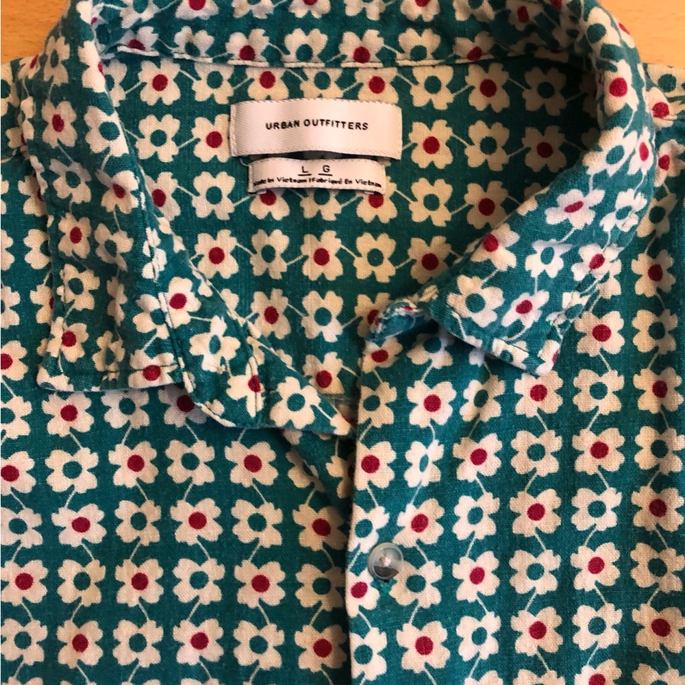 Urban Outfitters Teal Floral Button-Down Shirt with White & Red Accents